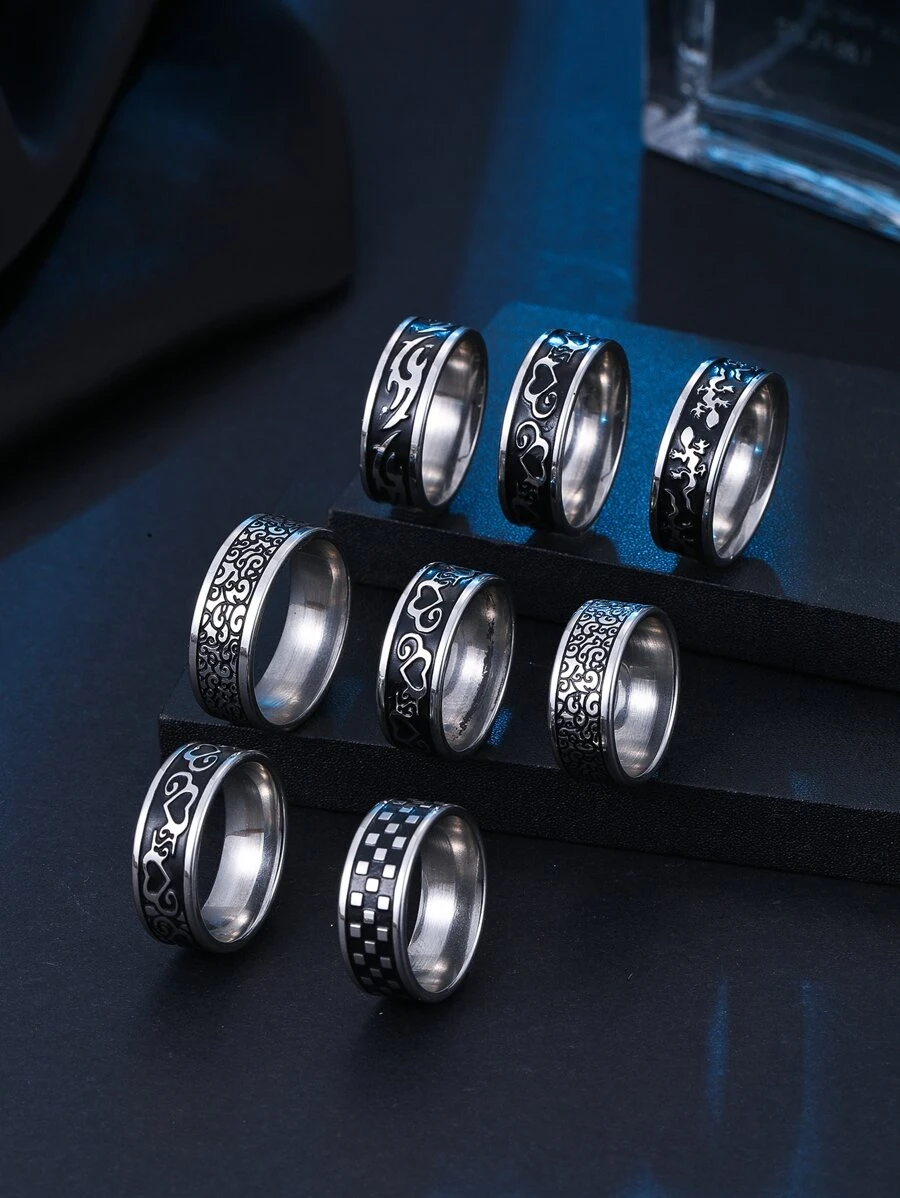 8 cái/bộ Nam Ngôi Sao Ngẫu Nhiên Nhẫn Chi Tiết - Bạc - Xem 1