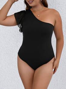 SHEIN LUNE Plus One Shoulder Ruffle Trim Bodysuit - Black - View 4