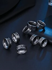8 cái/bộ Nam Ngôi Sao Ngẫu Nhiên Nhẫn Chi Tiết - Bạc - Xem 3