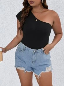 SHEIN LUNE Plus One Shoulder Ruffle Trim Bodysuit - Black - View 6