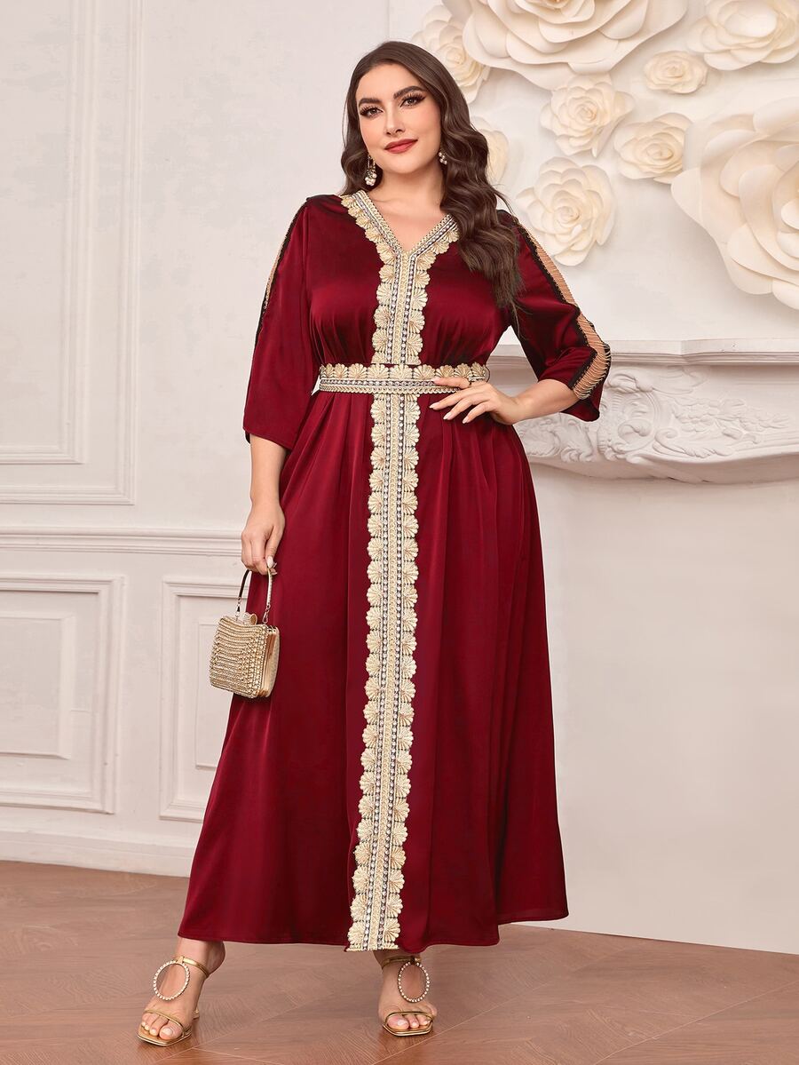 Al Najma Burgundy Red Plus Contrast Guipure Lace Belted Dress - Burgundy - View 1