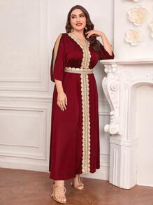 Al Najma Burgundy Red Plus Contrast Guipure Lace Belted Dress - Burgundy - View 3