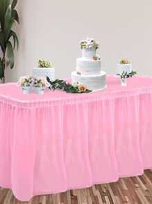 1pc PEVA Disposable Table Cover, Minimalist Pink Ruffle Design Disposable Tablecloth For Party - Pink - View 2