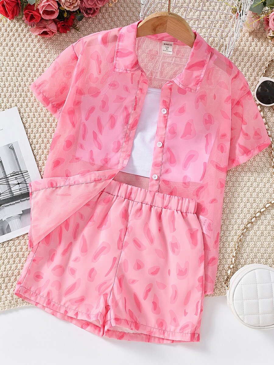 Girls Solid Cami Top & Allover Print Shorts & Button Up Shirt - Pink - View 1
