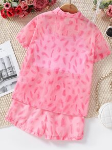 Girls Solid Cami Top & Allover Print Shorts & Button Up Shirt - Pink - View 2