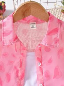 Girls Solid Cami Top & Allover Print Shorts & Button Up Shirt - Pink - View 3