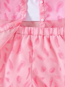 Girls Solid Cami Top & Allover Print Shorts & Button Up Shirt - Pink - View 5