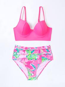SHEIN Swim Conjunto de bikini con estampado tropical, push up, para playa de verano - Multicolor - Ver 3