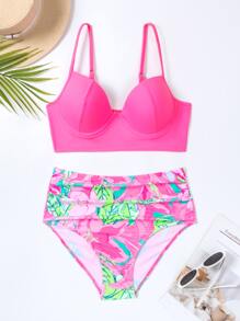SHEIN Swim Conjunto de bikini con estampado tropical, push up, para playa de verano - Multicolor - Ver 6