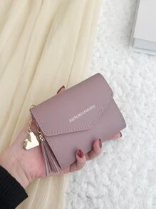 SOUTHLAND&KANGAROO 1 件淡紫色字母印花，带有爱心五金吊坠和流苏金属装饰 PU 便携式三折钱包，带多个卡槽，照片槽和信用卡袋，适合日常使用、工作和作为约会礼物、礼品袋、礼物、热粉色学校用品、教师礼物、返校礼物、女士钱包、钱包、小钱包