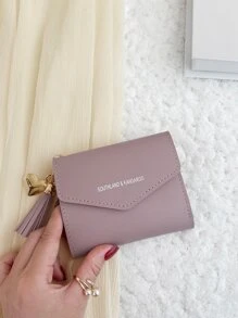 SOUTHLAND&KANGAROO 1 件淡紫色字母印花，带有爱心五金吊坠和流苏金属装饰 PU 便携式三折钱包，带多个卡槽，照片槽和信用卡袋，适合日常使用、工作和作为约会礼物、礼品袋、礼物、热粉色学校用品、教师礼物、返校礼物、女士钱包、钱包、小钱包