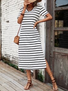 SHEIN LUNE Vestido estilo camiseta de rayas de muslo con abertura