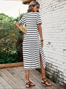 SHEIN LUNE Vestido estilo camiseta de rayas de muslo con abertura