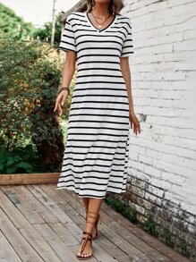 SHEIN LUNE Vestido estilo camiseta de rayas de muslo con abertura