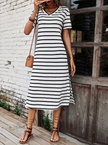 SHEIN LUNE Vestido estilo camiseta de rayas de muslo con abertura