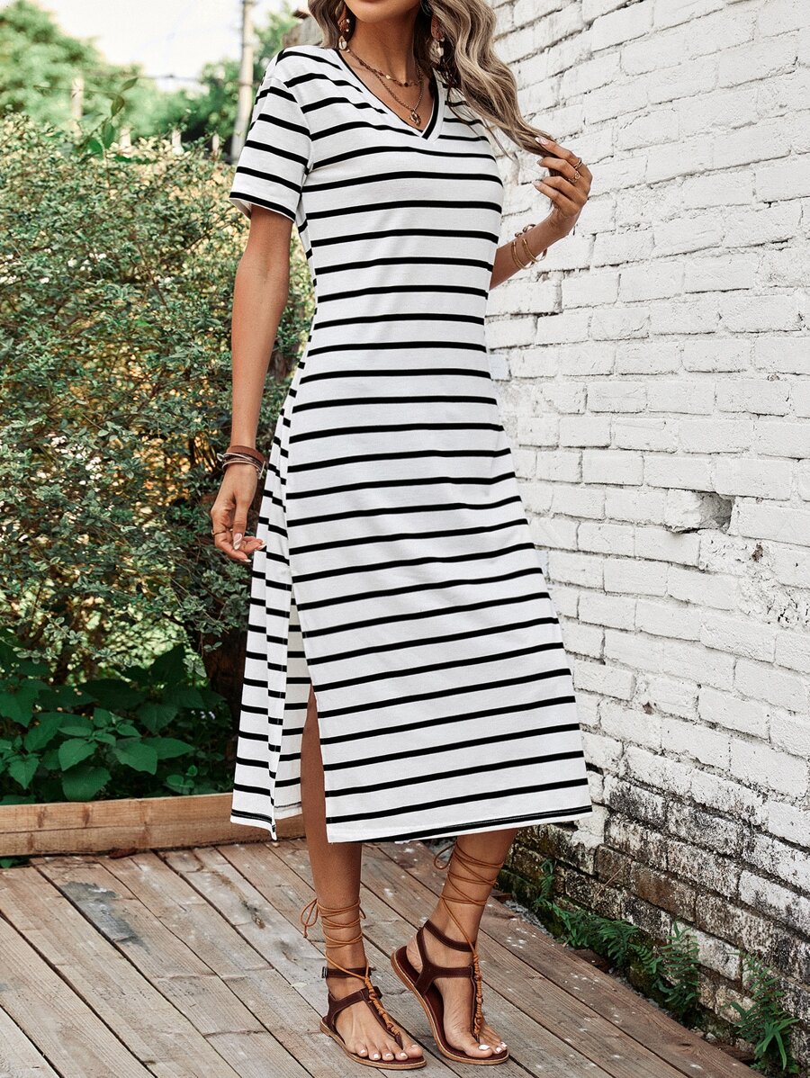 SHEIN LUNE Vestido estilo camiseta de rayas de muslo con abertura