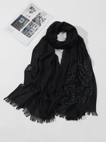 Rhinestone Decor Raw Trim Scarf - Black - View 1