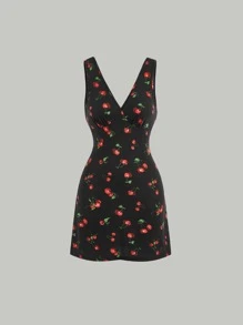 SHEIN MOD Vestido con estampado de cereza de cuello V - Negro - Ver 1