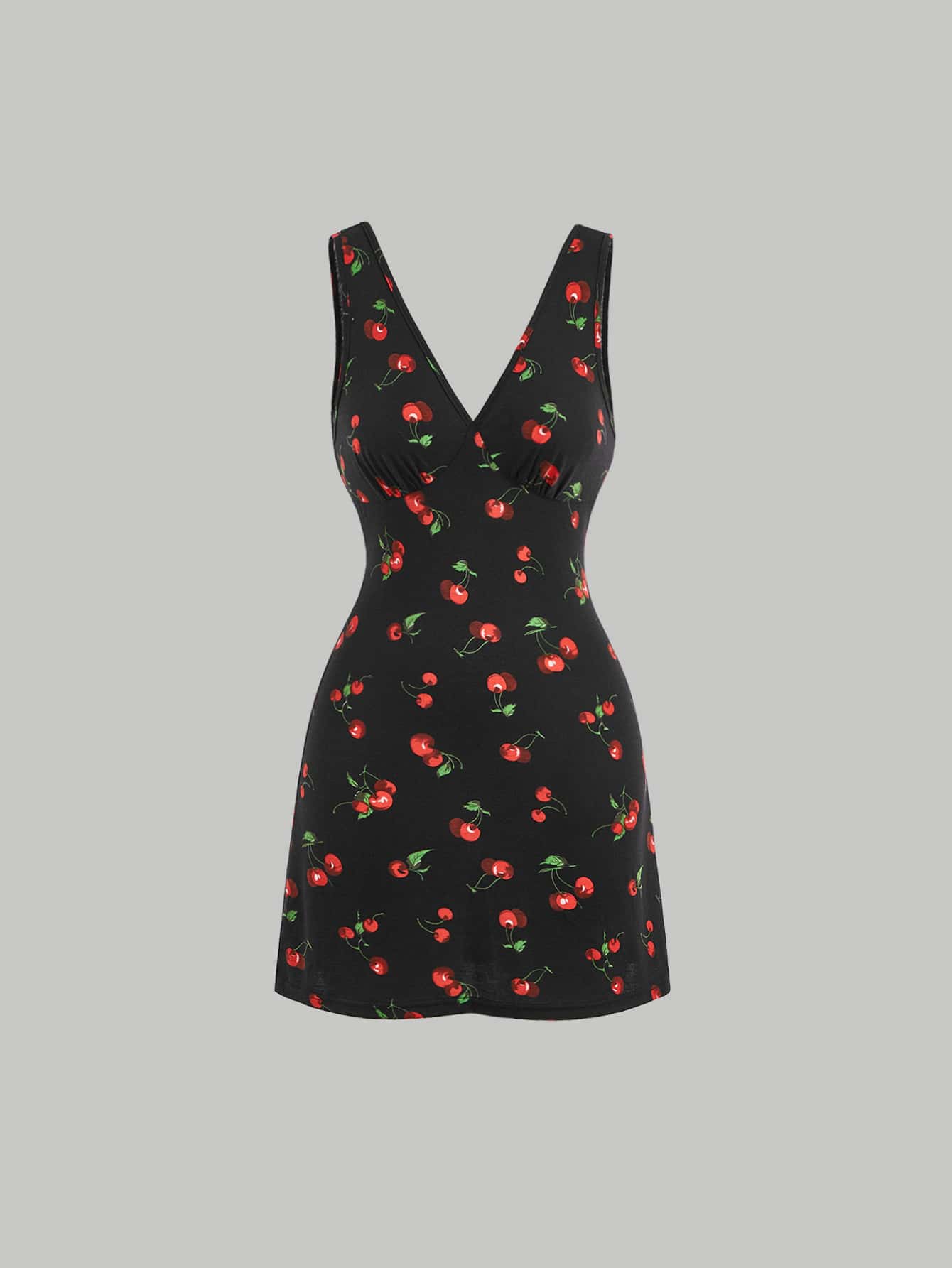SHEIN MOD Vestido con estampado de cereza de cuello V - Negro - Ver 1