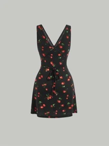 SHEIN MOD Vestido con estampado de cereza de cuello V - Negro - Ver 2