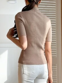 DAZY Mock Neck Ribbed Knit Top - Apricot - View 2