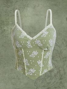 ROMWE Fairycore Áo khoác và áo lót dành cho xe tăng nữ Tương phản ren Loại bướm Thanh lịch - Màu xanh Ô liu - Xem 1