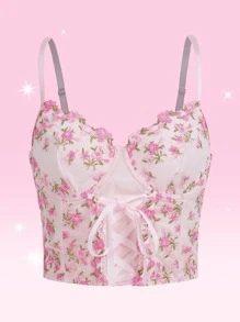 ROMWE Kawaii Áo ba lỗ ren thêu hoa, áo thun họa tiết cho nữ - Màu Hồng baby - Xem 1