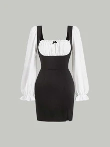 SHEIN MOD 胸部褶皺下擺開叉雙色連衣裙 - 黑色 - 查看 1