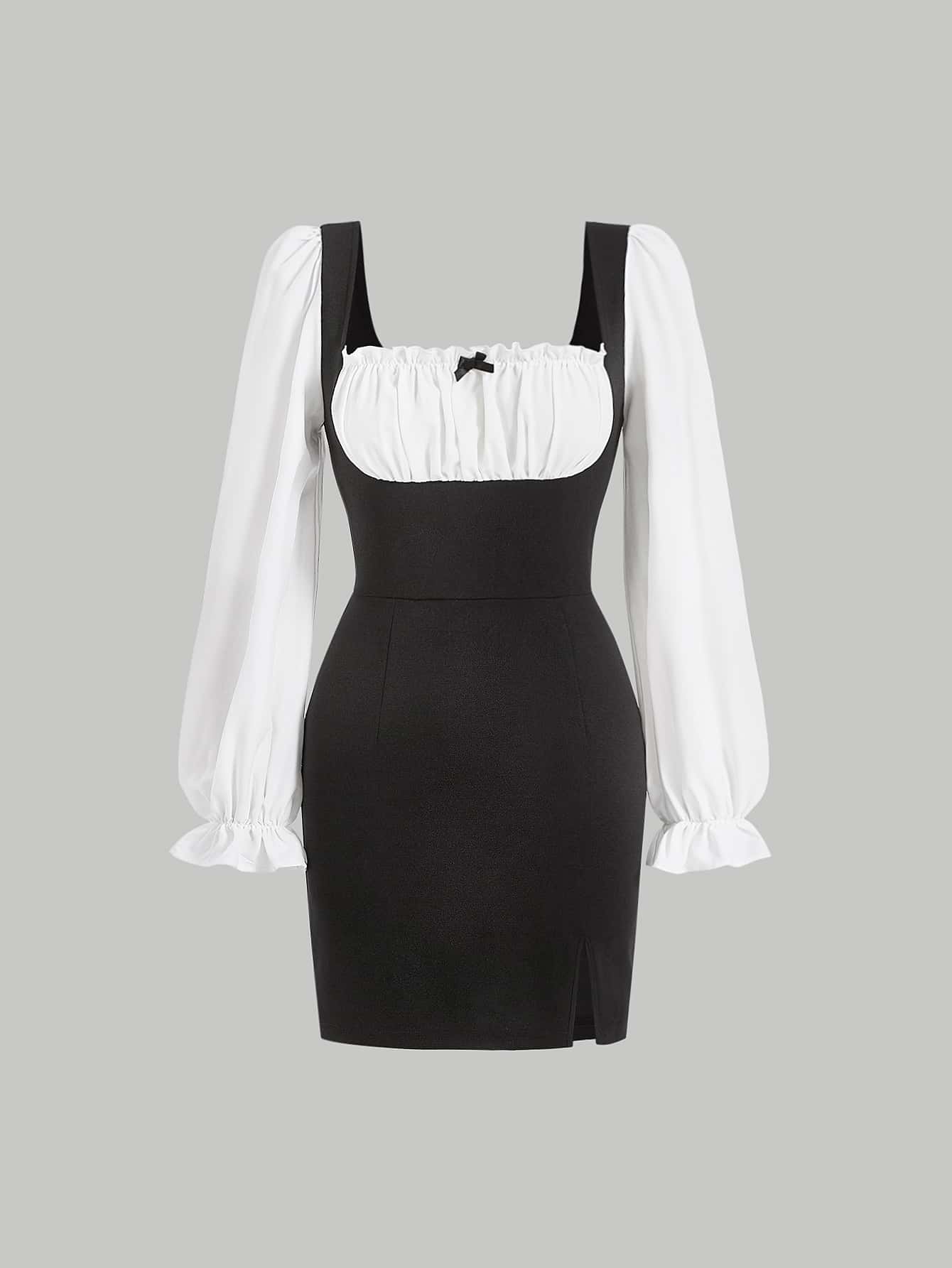 SHEIN MOD 胸部褶皺下擺開叉雙色連衣裙 - 黑色 - 查看 1