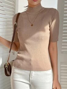DAZY Mock Neck Ribbed Knit Top - Apricot - View 4
