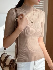 DAZY Mock Neck Ribbed Knit Top - Apricot - View 5