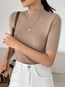 DAZY Mock Neck Ribbed Knit Top - Apricot - View 3