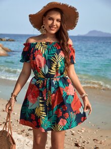 SHEIN Holidaya Vestido con cinturón con estampado tropical de hombros descubiertos - Multicolor - Ver 1