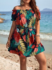 SHEIN Holidaya Vestido con cinturón con estampado tropical de hombros descubiertos - Multicolor - Ver 5