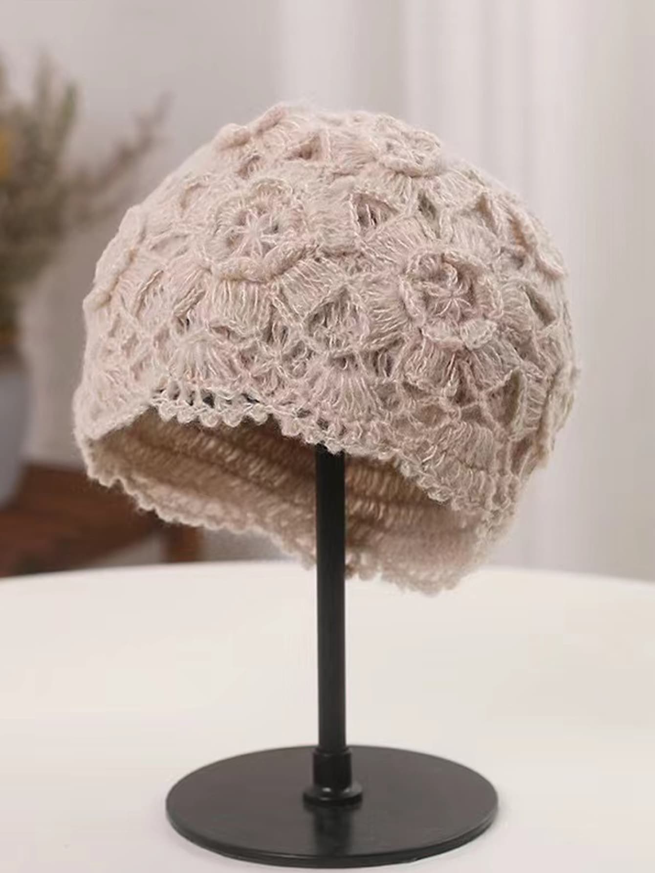 Flower Crochet Beanie Boho - Beige - View 1