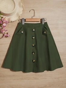 SHEIN Girls Button Front Flare Hem Skirt - Army Green - View 1