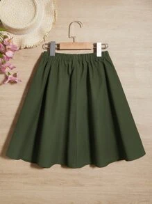 SHEIN Girls Button Front Flare Hem Skirt - Army Green - View 2