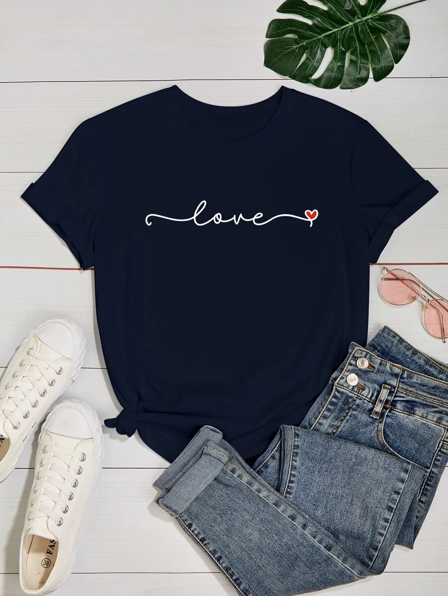 SHEIN Franclia Áo thun Plus size Tim Lá thư Giải trí - Màu xanh hải quân - Xem 1