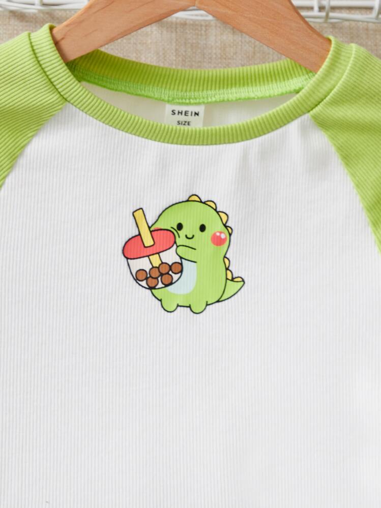 SHEIN Tween Girls' Cartoon Round Neck Color Block Short Sleeve Tee With Dinosaur Print And Raglan Sleeve For Summer - White - View 3