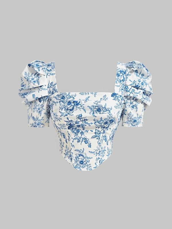 SHEIN MOD Bluză de vară decupată, cu mâneci bufante, cu gât pătrat cu imprimeu floral
