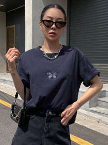 DAZY 蝴蝶刺繡落肩短袖上衣 - 藏蓝色 - 查看 1