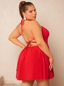 SHEIN SXY Plus Solid Halter Neck Backless Fold Pleated Detail Dress - Red - View 5