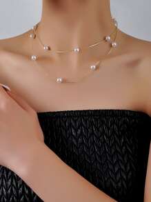 Faux Pearl Decor Layered Necklace - Multicolor - View 1