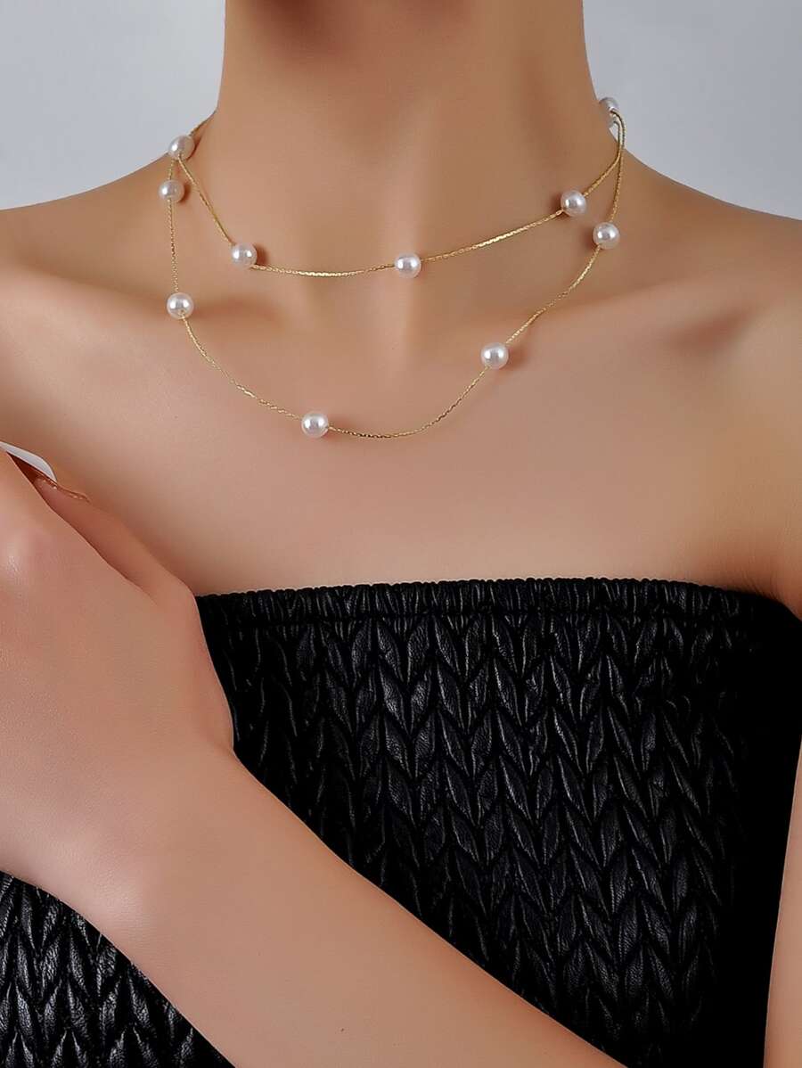 Faux Pearl Decor Layered Necklace - Multicolor - View 1