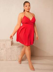 SHEIN SXY Plus Solid Halter Neck Backless Fold Pleated Detail Dress - Red - View 1