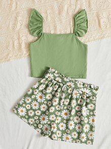 SHEIN Tween Girl Slogan Graphic Ruffle Trim Top & Floral Print Belted Shorts - Mint Green - View 2