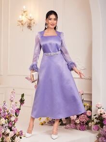 Modelyn 毛茸茸袖口方領緞面上衣和裙子 - 紫丁香色 - 查看 4