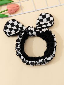 1pc Checkerboard Pattern Bath Headband, Polyester Bow Decor Facial Makeup Headband For Bathroom - Black and White - View 1