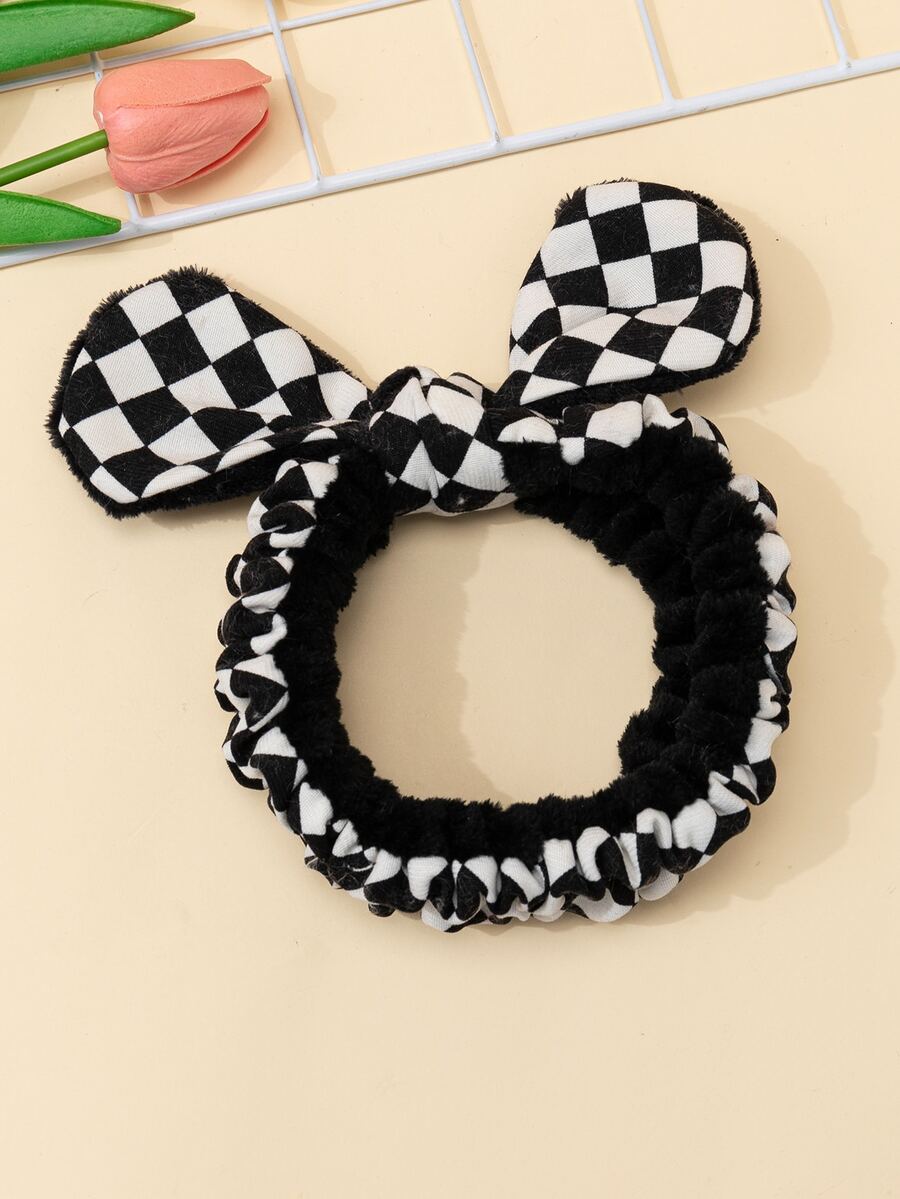 1pc Checkerboard Pattern Bath Headband, Polyester Bow Decor Facial Makeup Headband For Bathroom - Black and White - View 1