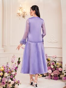 Modelyn 毛茸茸袖口方領緞面上衣和裙子 - 紫丁香色 - 查看 2